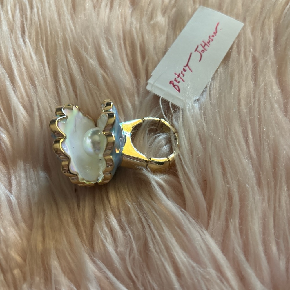 Betsey Johnson Gold-Tone Iridescent Shell Ring with Faux Pearl